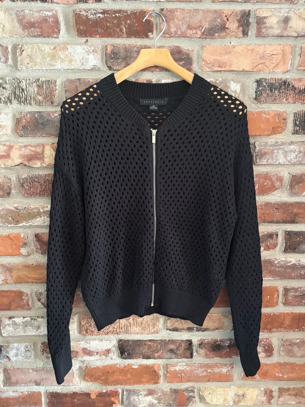 Sanctuary Black Open Knit Zipper Front Cardigan Sweater, XS
